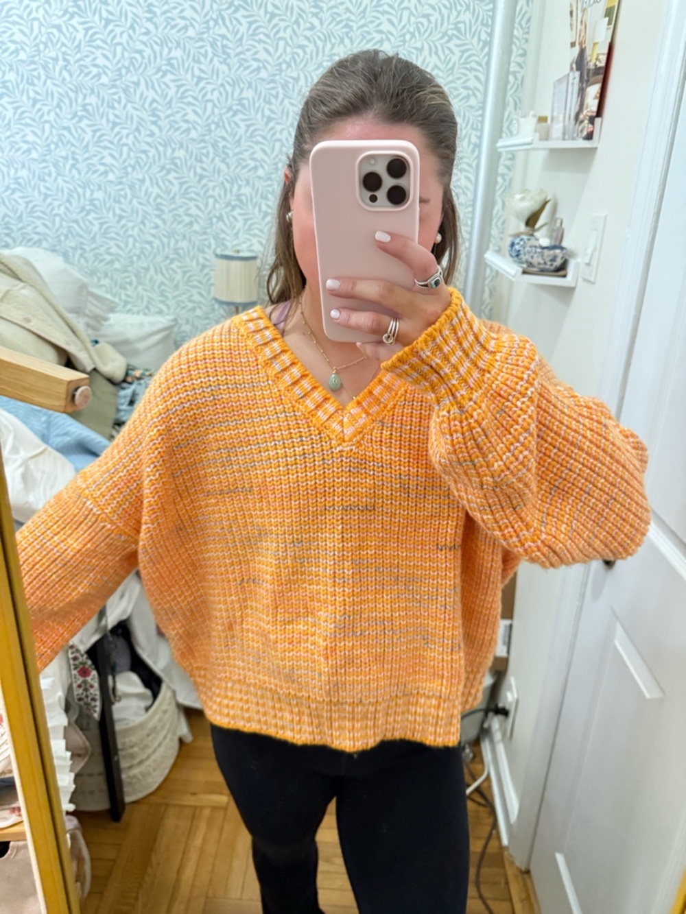 Lovers + Friends Orange V-Neck Chunky Knit Sweater